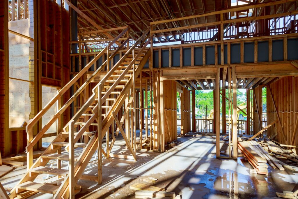 Wood frame interior of a new house under construction